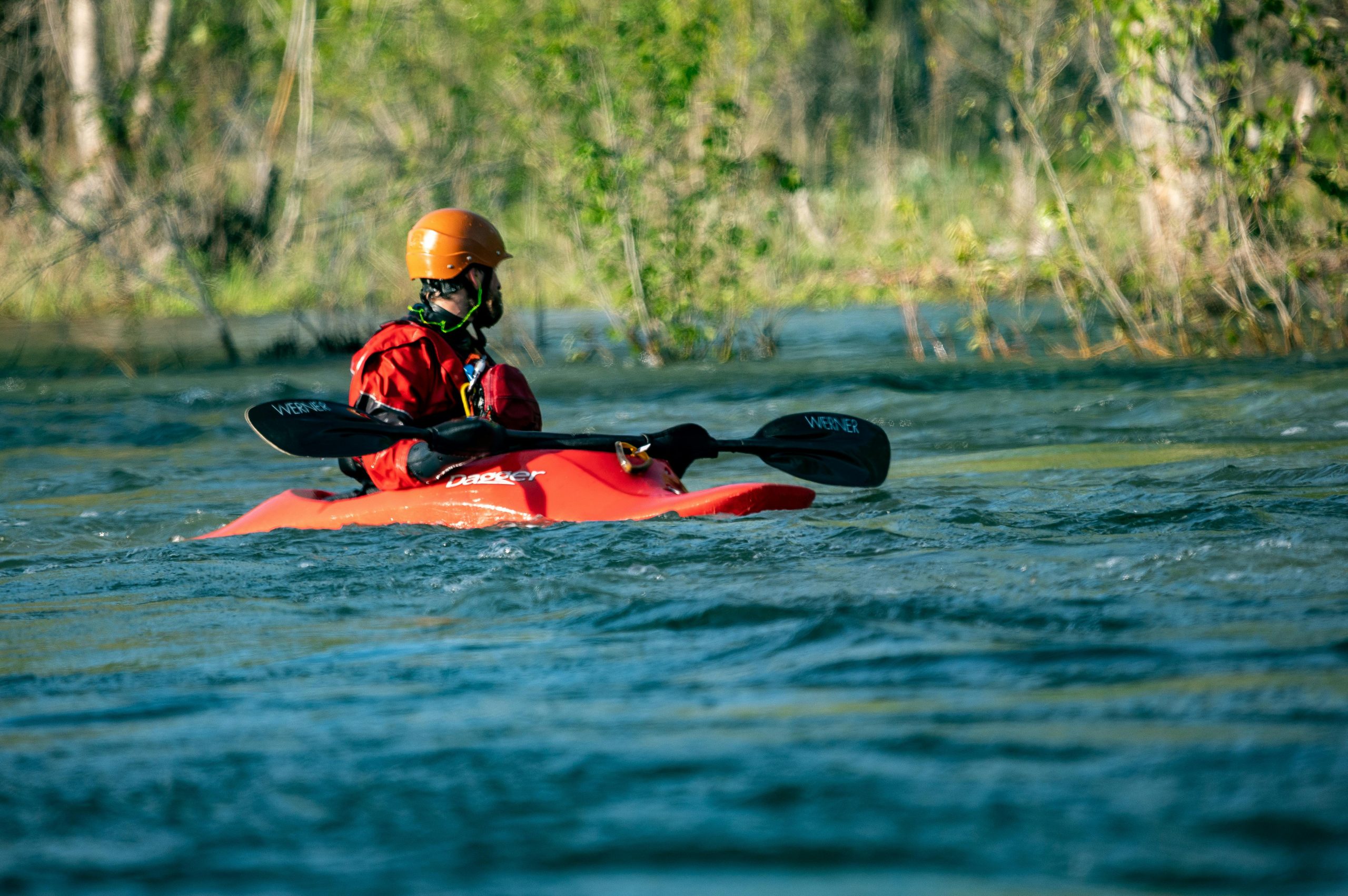 A man enjoys kayaking on a vibrant river, surrounded by nature.